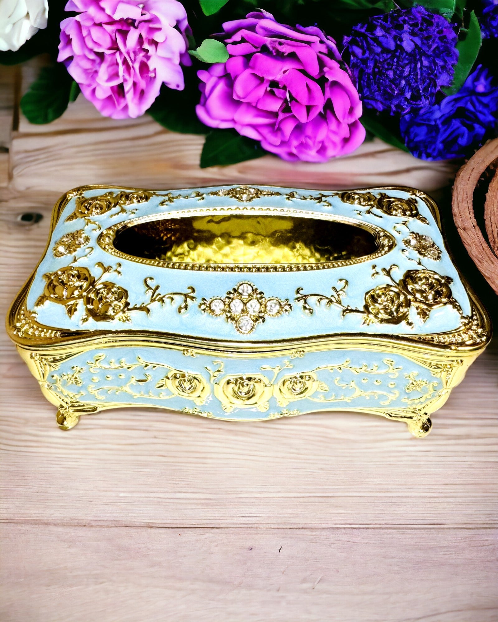 Luxe Doos voor Zakdoekjes met Ingeprent Rozenpatroon en Elegante Handvatten