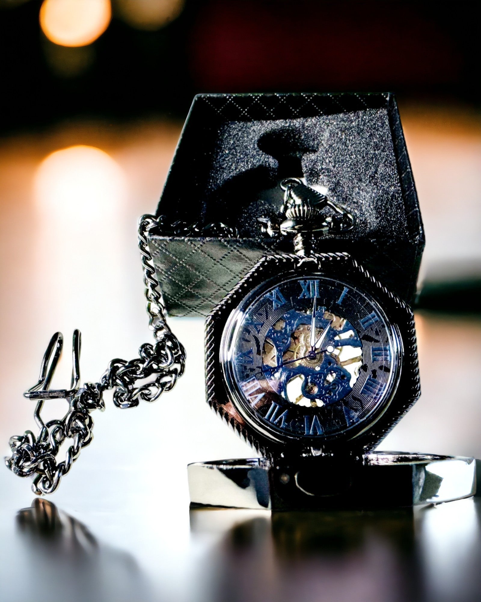 Klassiek Achtkantig Mechanisch Zakhorloge Steampunk in Zwart, Gravure