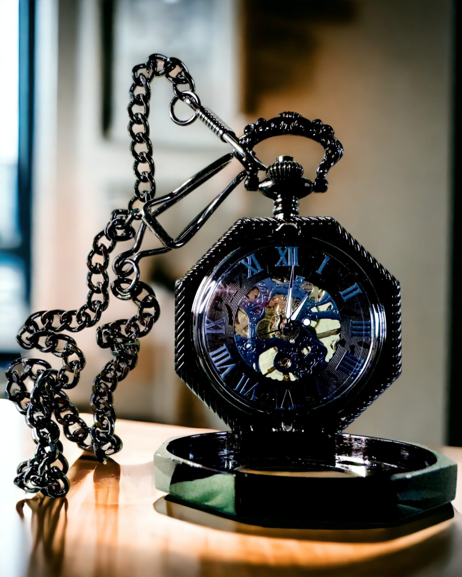 Klassiek Achtkantig Mechanisch Zakhorloge Steampunk in Zwart, Gravure