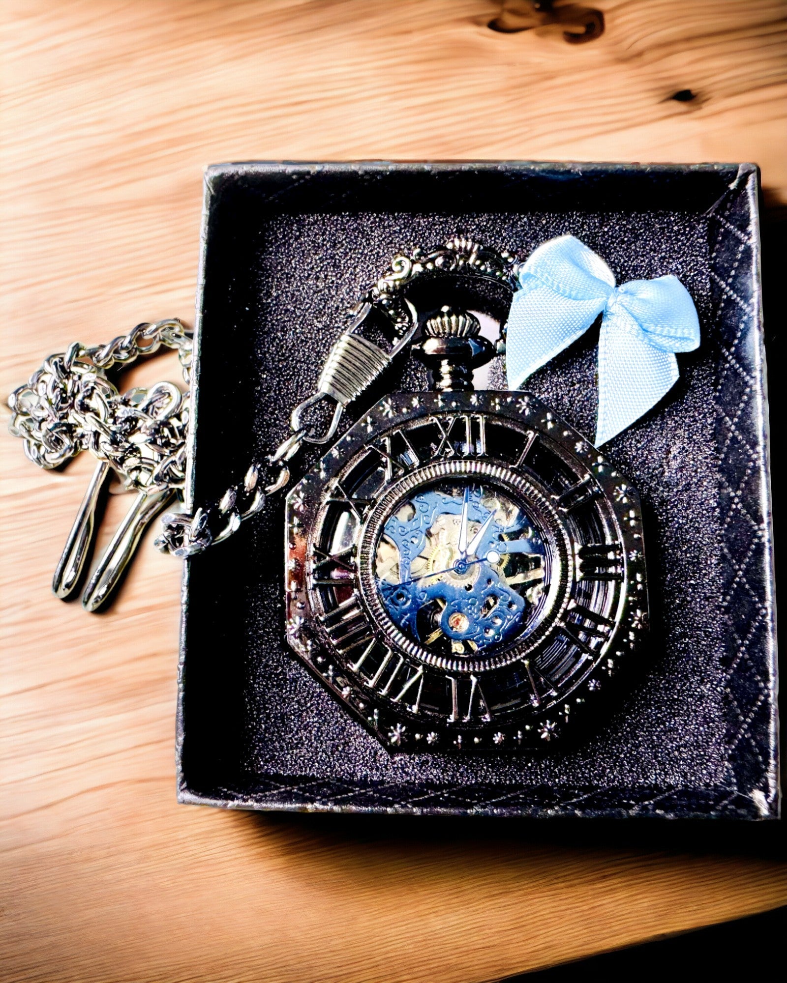 Klassiek Achtkantig Mechanisch Zakhorloge Steampunk in Zwart, Gravure