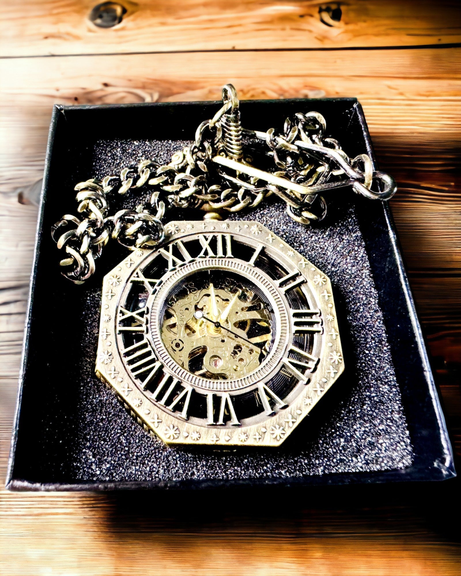 Klassieke Achtkantige Bruine Mechanische Zakhorloge in Steampunk Stijl - Tijdloos