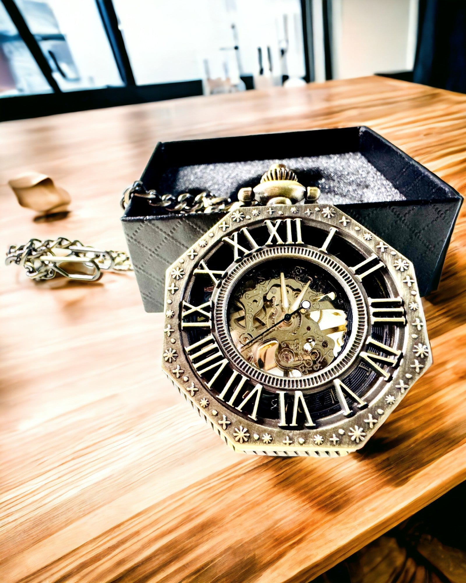 Klassieke Achtkantige Bruine Mechanische Zakhorloge in Steampunk Stijl - Tijdloos