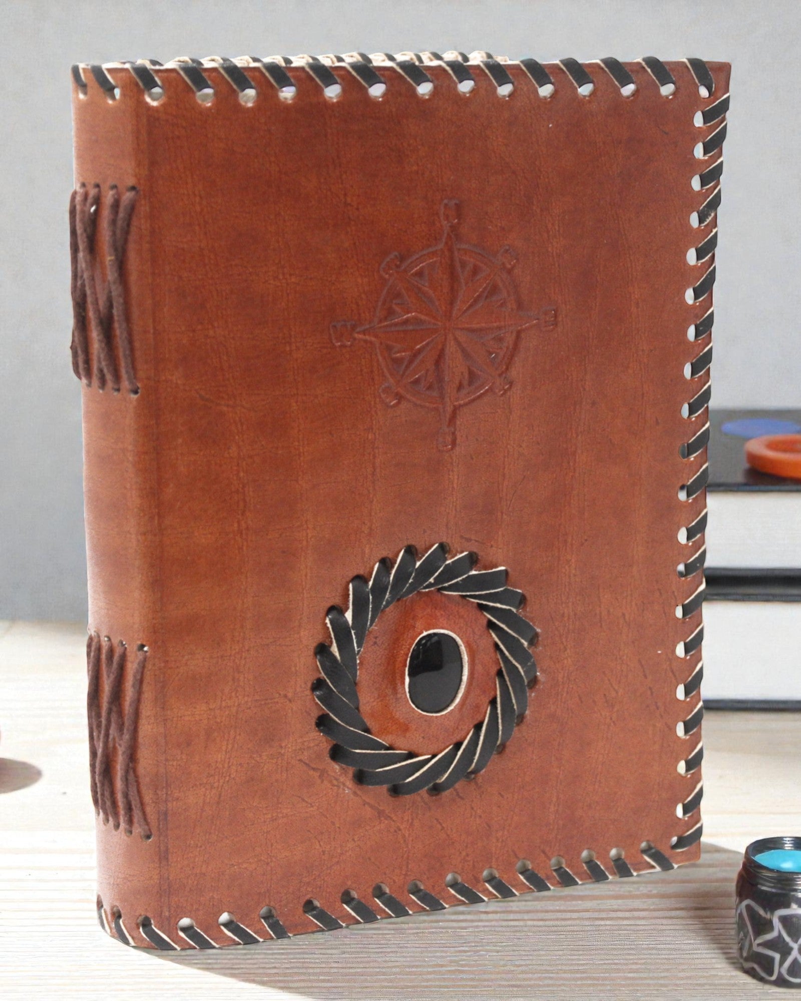 Leren zwarte onyx & kompas notitieboekje 17x12 cm