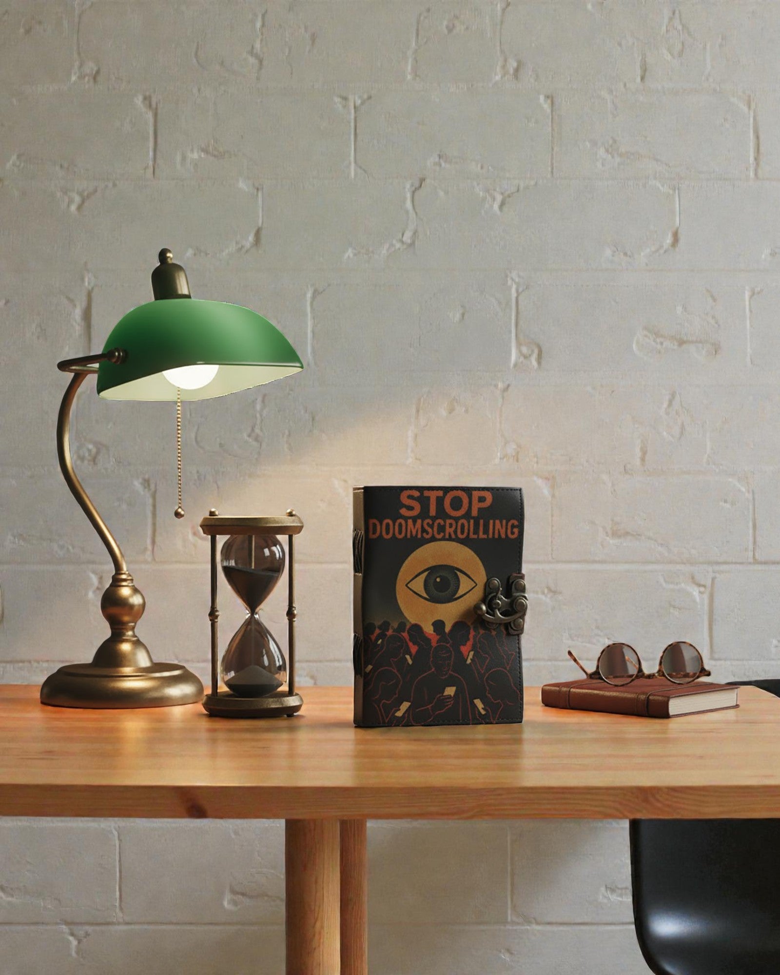 Leren notitieboek met opdruk – Stop met doemberichten lezen (17,8 × 12,7 cm)