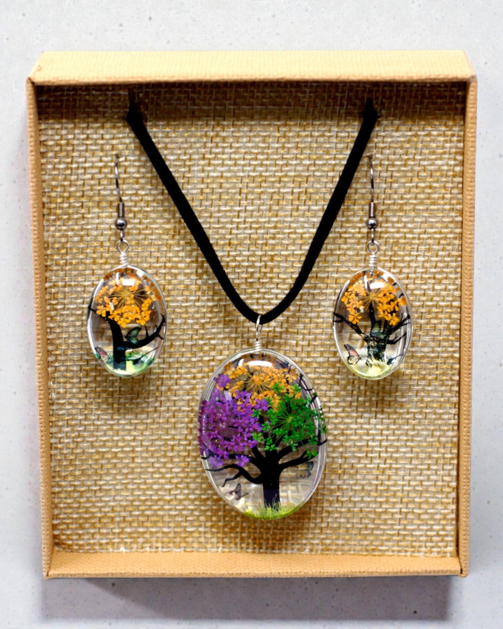 Kaleidoscoop van de Natuur – Sieradenset met Gedroogde Bloemen Levensboom, Mix van Kleuren