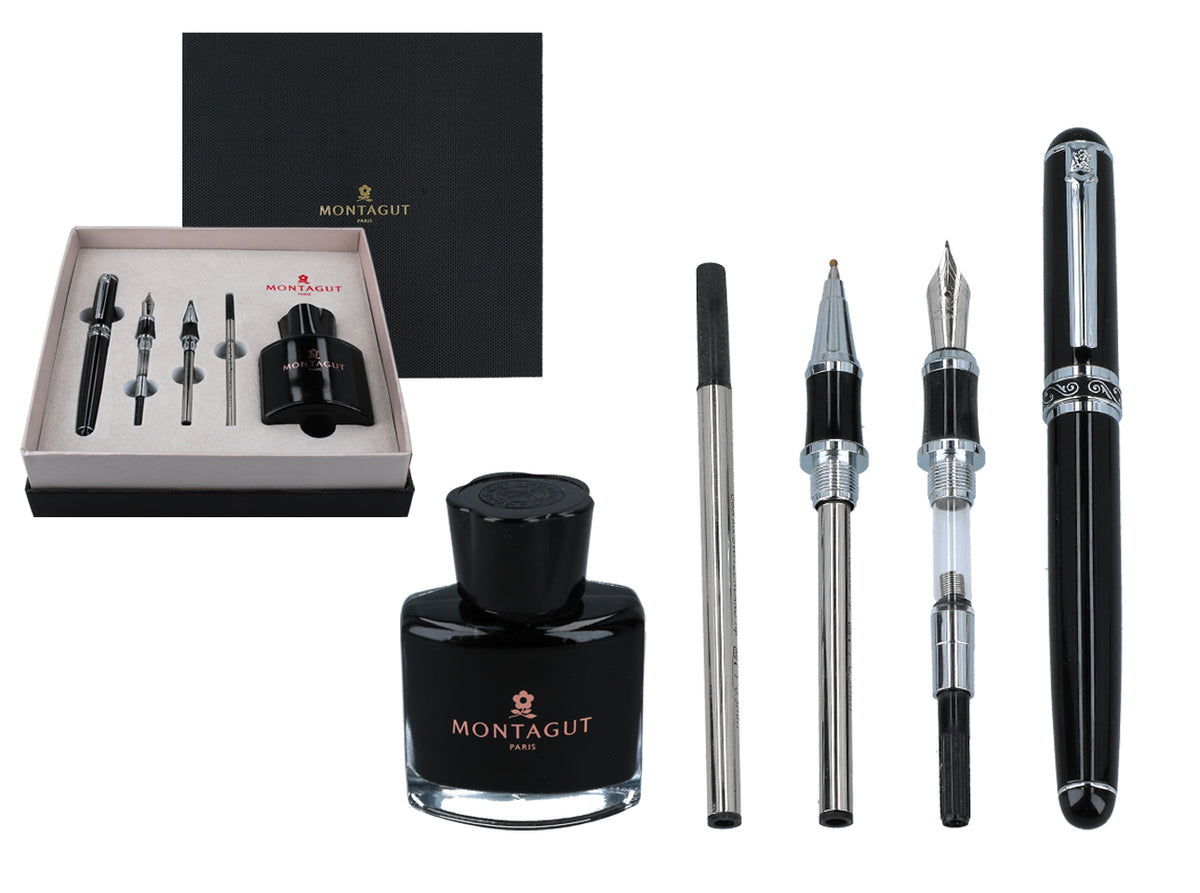 Schrijfset, 20.5 x 20.5 cm, vulpen, balpen, vulpotlood, inktpot met inkt