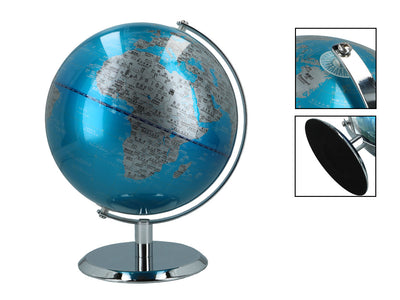 Grote decoratieve wereldbol in blauw-zilveren kleur met mogelijkheid tot personalisatie met gravure, 23 cm hoog