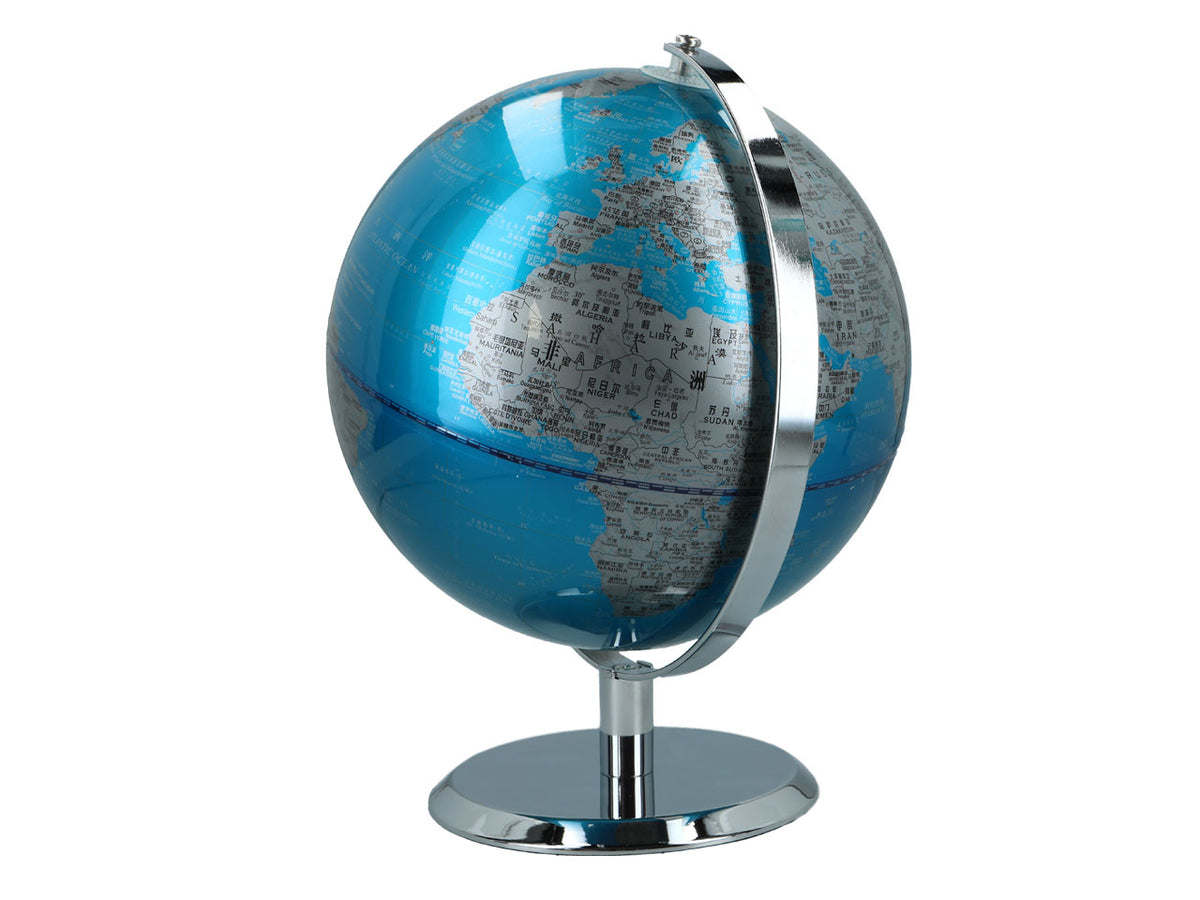 Grote decoratieve wereldbol in blauw-zilveren kleur met mogelijkheid tot personalisatie met gravure, 23 cm hoog
