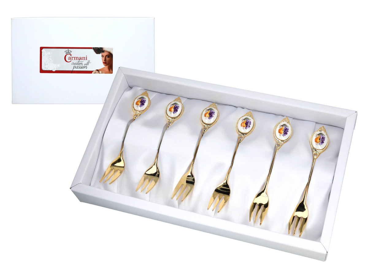 Set van 6 gebaksvorkjes, met 24K goud vergulde gebaksvorkjes, fruitmotief