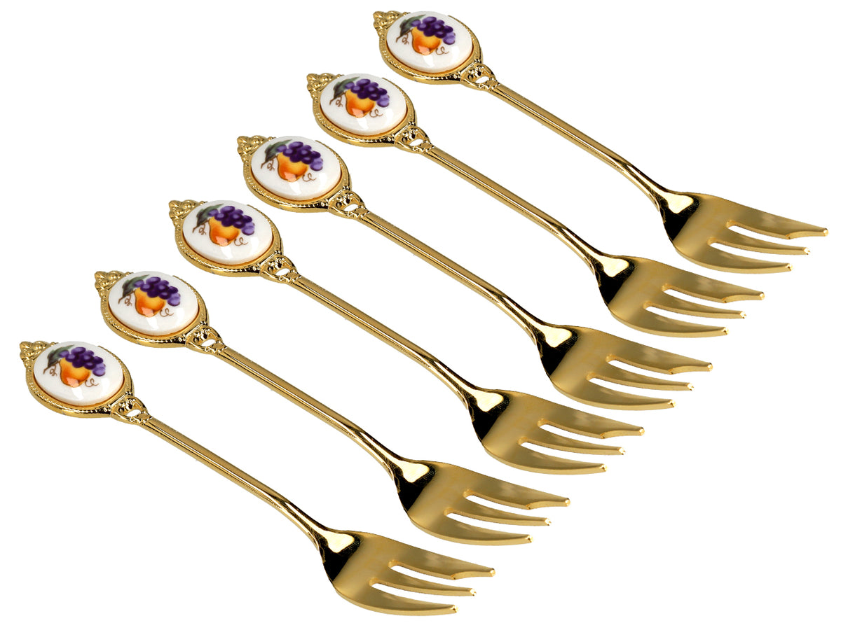 Set van 6 gebaksvorkjes, met 24K goud vergulde gebaksvorkjes, fruitmotief