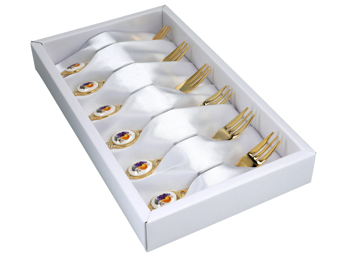 Set van 6 gebaksvorkjes, met 24K goud vergulde gebaksvorkjes, fruitmotief