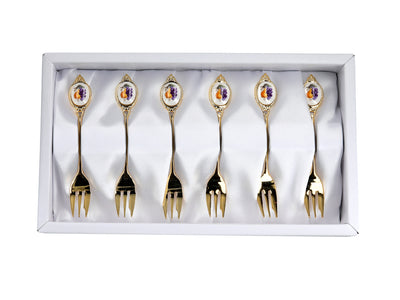 Set van 6 gebaksvorkjes, met 24K goud vergulde gebaksvorkjes, fruitmotief