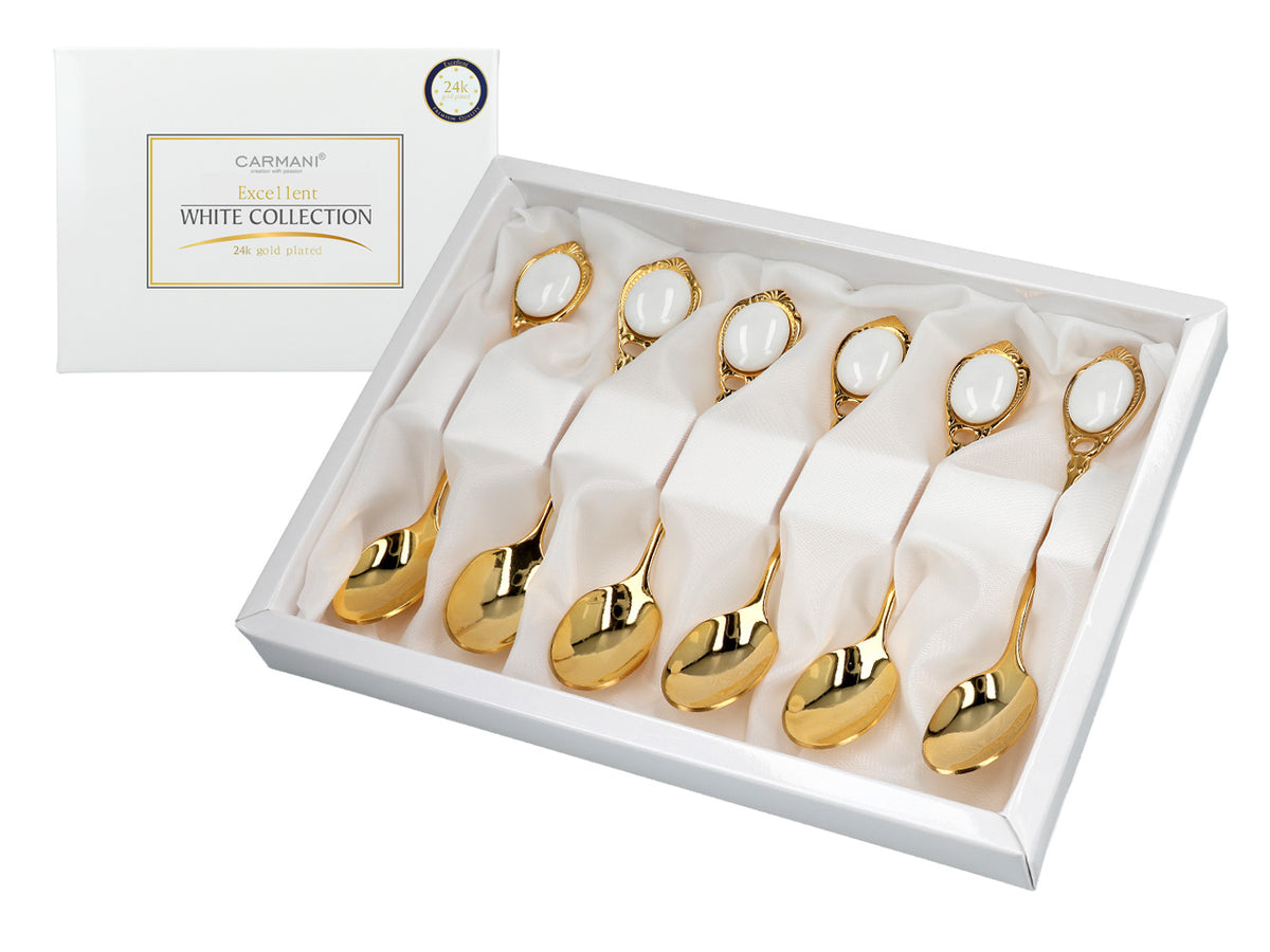 Set van 6 met 24K goud vergulde theelepels Witte Oogjes CARMANI met mogelijkheid tot personalisatie met gravure - elegant cadeau voor elke gelegenheid, afmetingen 13 cm