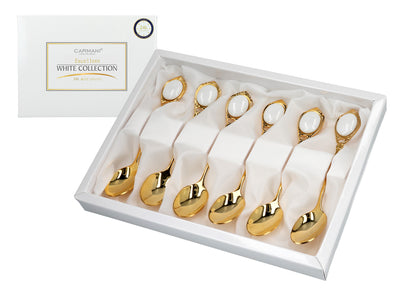 Set van 6 met 24K goud vergulde theelepels Witte Oogjes CARMANI met mogelijkheid tot personalisatie met gravure - elegant cadeau voor elke gelegenheid, afmetingen 13 cm