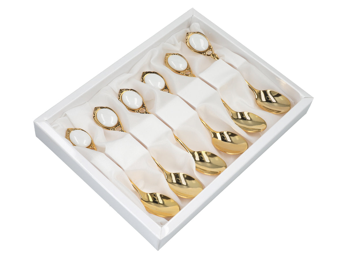 Set van 6 met 24K goud vergulde theelepels Witte Oogjes CARMANI met mogelijkheid tot personalisatie met gravure - elegant cadeau voor elke gelegenheid, afmetingen 13 cm