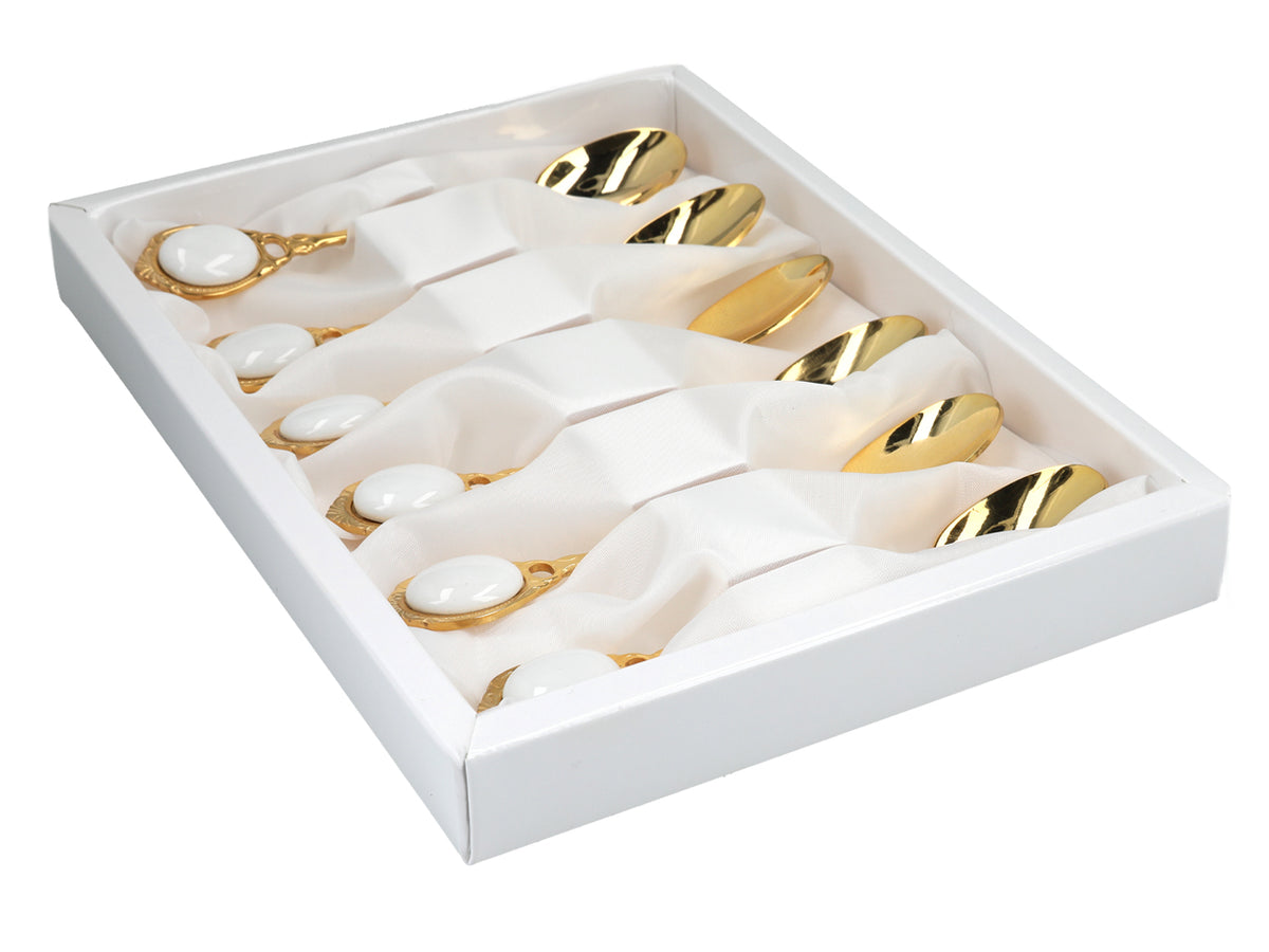 Set van 6 met 24K goud vergulde theelepels Witte Oogjes CARMANI met mogelijkheid tot personalisatie met gravure - elegant cadeau voor elke gelegenheid, afmetingen 13 cm