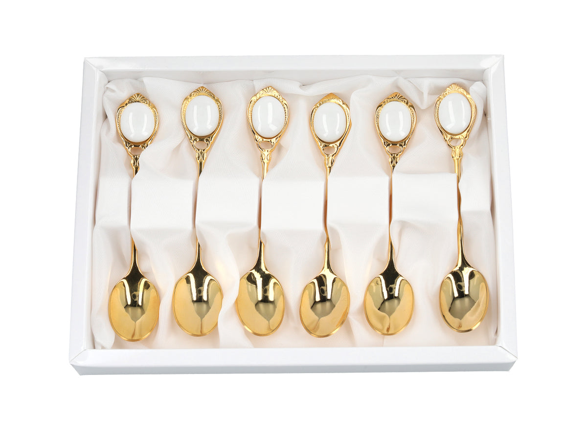 Set van 6 met 24K goud vergulde theelepels Witte Oogjes CARMANI met mogelijkheid tot personalisatie met gravure - elegant cadeau voor elke gelegenheid, afmetingen 13 cm