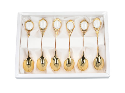 Set van 6 met 24K goud vergulde theelepels Witte Oogjes CARMANI met mogelijkheid tot personalisatie met gravure - elegant cadeau voor elke gelegenheid, afmetingen 13 cm