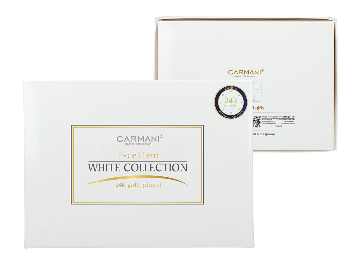 Set van 6 met 24K goud vergulde theelepels Witte Oogjes CARMANI met mogelijkheid tot personalisatie met gravure - elegant cadeau voor elke gelegenheid, afmetingen 13 cm