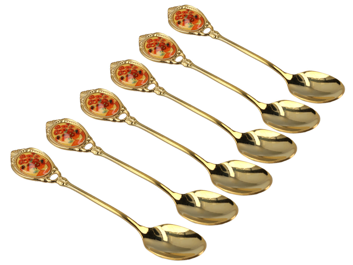 Set van 6 gouden lepeltjes met motief van Zonnebloemen van Vincent van Gogh