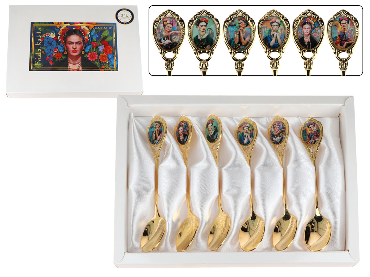 Set van 6 lepeltjes bekleed met 24K goud F. Kahlo met mogelijkheid tot personalisatie met gravure - elegant bestek als cadeau, 13 cm, CARMANI