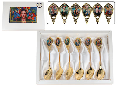 Set van 6 lepeltjes bekleed met 24K goud F. Kahlo met mogelijkheid tot personalisatie met gravure - elegant bestek als cadeau, 13 cm, CARMANI