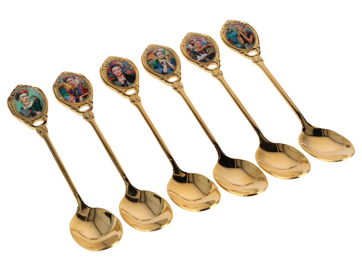 Set van 6 lepeltjes bekleed met 24K goud F. Kahlo met mogelijkheid tot personalisatie met gravure - elegant bestek als cadeau, 13 cm, CARMANI