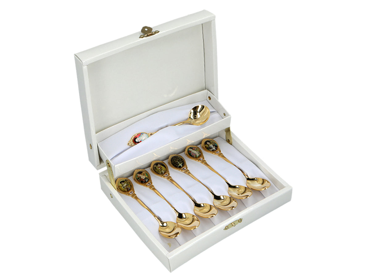 Set van 6 met 24K goud vergulde theelepels met 1 suikerlepeltje