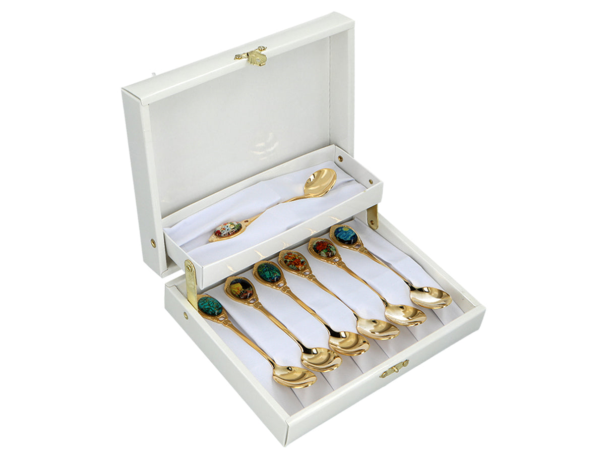 Set van 6 lepeltjes bekleed met 24K goud met 1 suikerlepel - V. van Gogh, mix, mogelijkheid tot personalisatie met gravure, elegante cadeauverpakking, afmetingen 13 cm