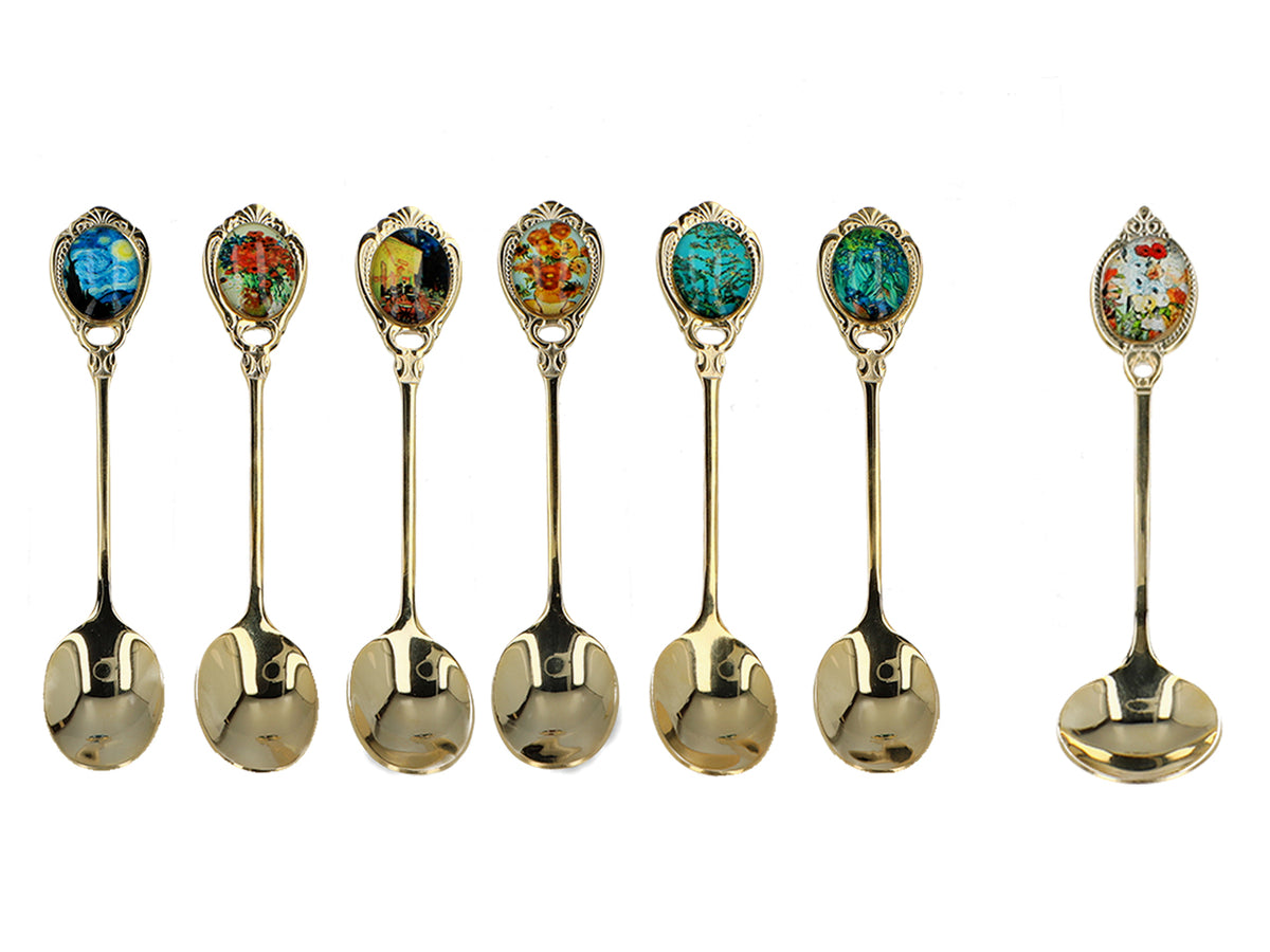 Set van 6 lepeltjes bekleed met 24K goud met 1 suikerlepel - V. van Gogh, mix, mogelijkheid tot personalisatie met gravure, elegante cadeauverpakking, afmetingen 13 cm