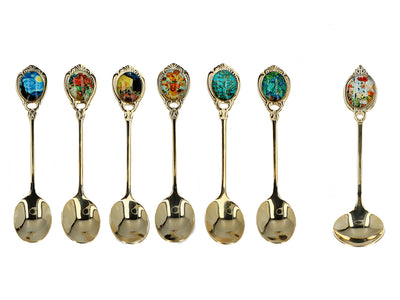 Set van 6 lepeltjes bekleed met 24K goud met 1 suikerlepel - V. van Gogh, mix, mogelijkheid tot personalisatie met gravure, elegante cadeauverpakking, afmetingen 13 cm