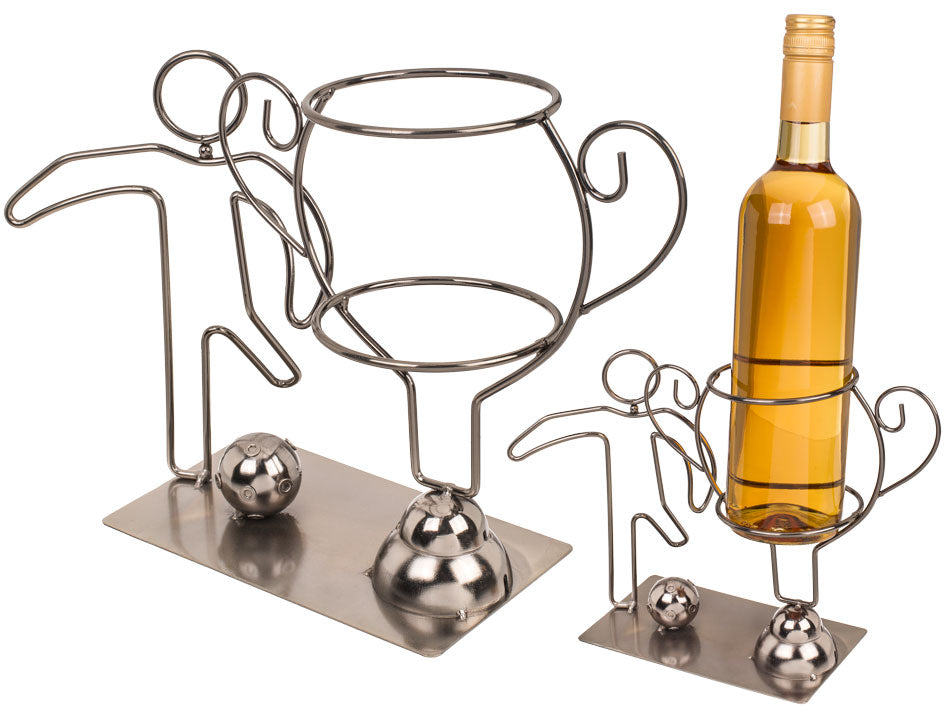 Metalen flessenhouder Meesterlijk Voetbal, mogelijkheid tot personalisatie met gravure, 20 cm hoog
