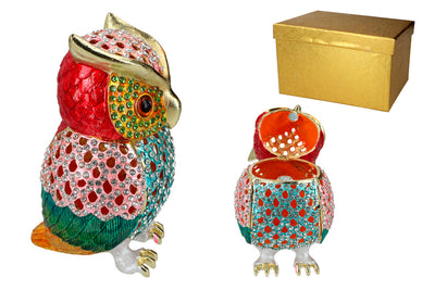 Opengewerkt metalen doosje in de vorm van een uil met mogelijkheid tot personalisatie met gravure, ideaal als cadeau, hoogte 15,5 cm, decoratief en functioneel voor het bewaren van sieraden