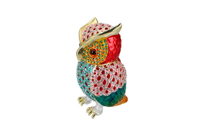 Opengewerkt metalen doosje in de vorm van een uil met mogelijkheid tot personalisatie met gravure, ideaal als cadeau, hoogte 15,5 cm, decoratief en functioneel voor het bewaren van sieraden