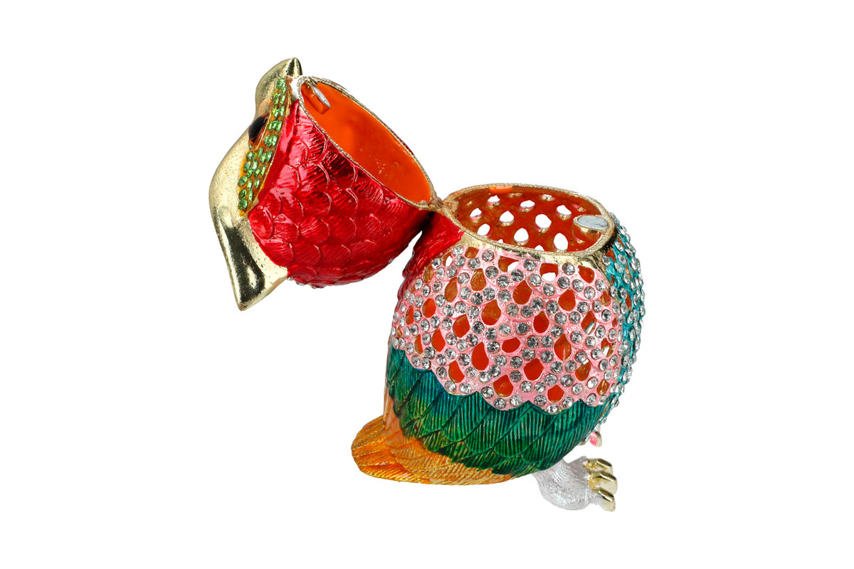 Opengewerkt metalen doosje in de vorm van een uil met mogelijkheid tot personalisatie met gravure, ideaal als cadeau, hoogte 15,5 cm, decoratief en functioneel voor het bewaren van sieraden