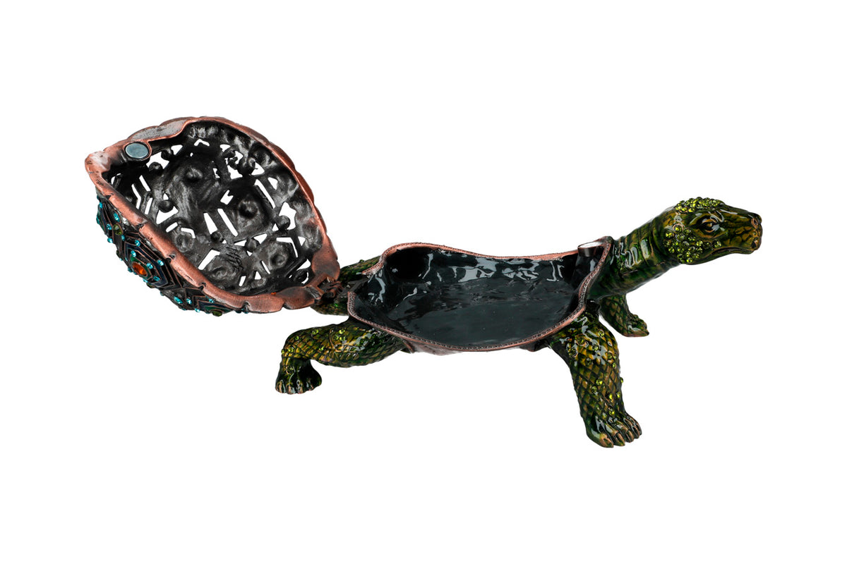 Opengewerkt metalen doosje in de vorm van een schildpad voor het bewaren van sieraden met mogelijkheid tot personalisatie met gravure