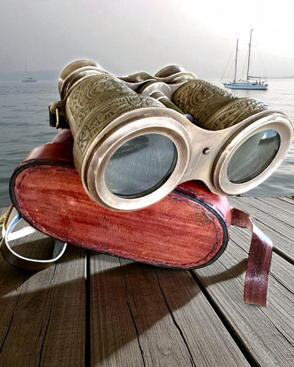 Verrekijker met leren etui Victorian's Eye, 11 cm Messing, Handgemaakt versierd, personalisatie met gravure als cadeau