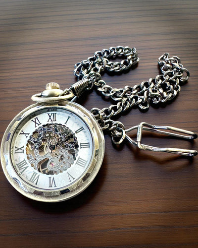 Retro zakhorloge – mechanisch, kleur gesatineerd goud, waterdicht, personalisatie met gravure