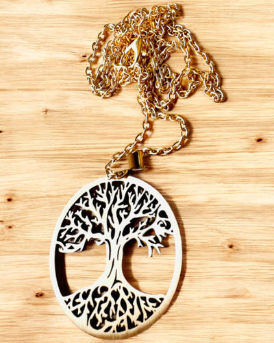 Ketting "Levensboom" van Roestvrij Staal - personalisatie met gravure, 2 kleuropties