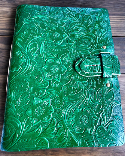 Leren Notitieboek Vintage "Floralis" – handmatig geperst, 400 pagina's, mogelijkheid tot graveren, 2 varianten