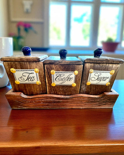 Set Royal Trio – Thee, Koffie, Suiker van Shisham hout, handgemaakt, met optie voor gravure als cadeau