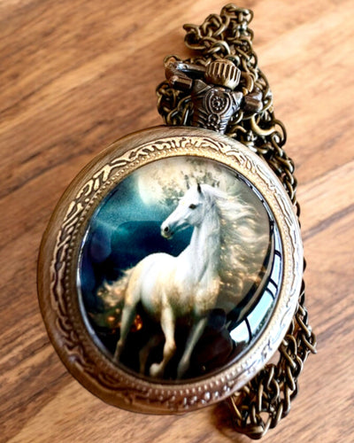 Zakhorloge Unicorn Elegance met ketting, eenhoornmotief, gratis graveren op bestelling