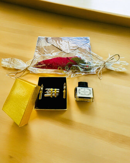 Cadeauset - Bordeaux-Paarse Ganzepen "Steampunk Elegantie" met Graveermogelijkheid, als cadeau