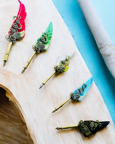 Kaligrafiepen "Steampunk Elegantie" met Kalkoenveer - Handgemaakt 5 varianten om uit te kiezen, personalisatie met gravure als cadeau