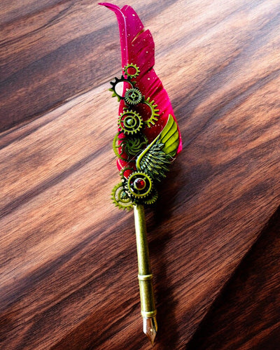 Kaligrafiepen "Steampunk Elegantie" met Kalkoenveer - Handgemaakt 5 varianten om uit te kiezen, personalisatie met gravure als cadeau