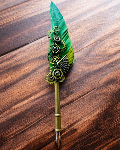 Kaligrafiepen "Steampunk Elegantie" met Kalkoenveer - Handgemaakt 5 varianten om uit te kiezen, personalisatie met gravure als cadeau