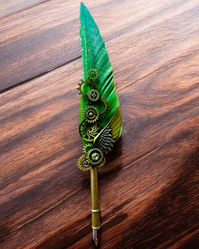 Kaligrafiepen "Steampunk Elegantie" met Kalkoenveer - Handgemaakt 5 varianten om uit te kiezen, personalisatie met gravure als cadeau