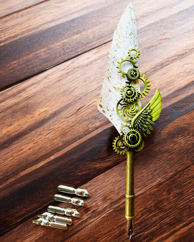 Kaligrafiepen "Steampunk Elegantie" met Kalkoenveer - Handgemaakt 5 varianten om uit te kiezen, personalisatie met gravure als cadeau