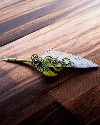 Kaligrafiepen "Steampunk Elegantie" met Kalkoenveer - Handgemaakt 5 varianten om uit te kiezen, personalisatie met gravure als cadeau