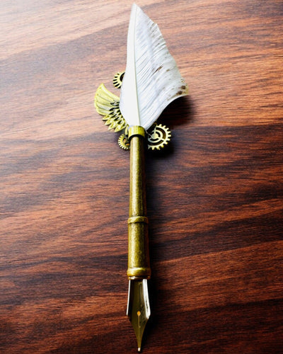 Kaligrafiepen "Steampunk Elegantie" met Kalkoenveer - Handgemaakt 5 varianten om uit te kiezen, personalisatie met gravure als cadeau